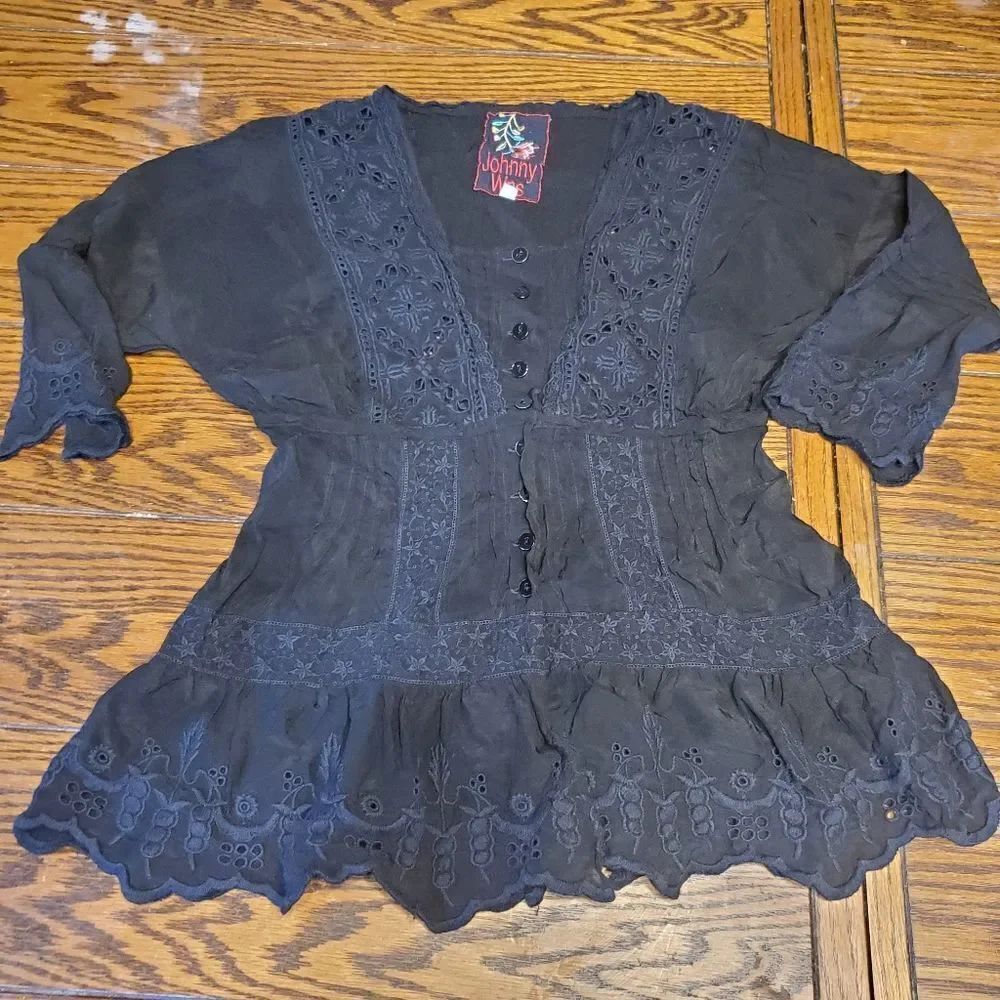 Johnny Was black eyelet rayon cupra blouse sz XS
